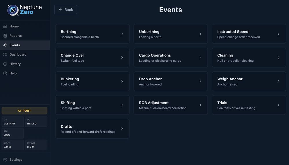 On-board device: voyage events such as berthing, bunkering and drafts
