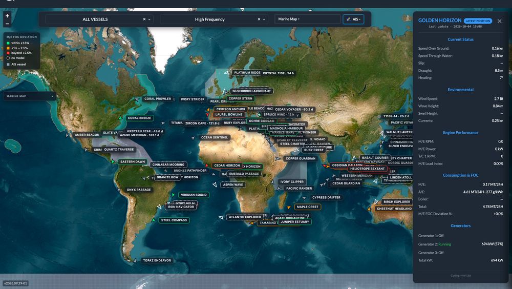 Fleet map with live vessel positions and weather